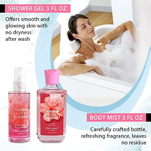 Japanese Cherry Blossom Bath & Body Kit, 3 Fl Oz Travel Size, Ideal Skincare Relaxing Home Spa Set, Includes Body Lotion, Shower Gel, Body Cream, and Fragrance Mist, Bath Gifts for Her and Him - Image 4