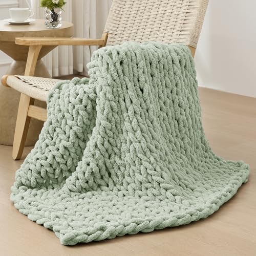 Bigacogo Chunky Knit Throw Blanket for Couch, 40x40 inches, Sage Green by Bigacogo