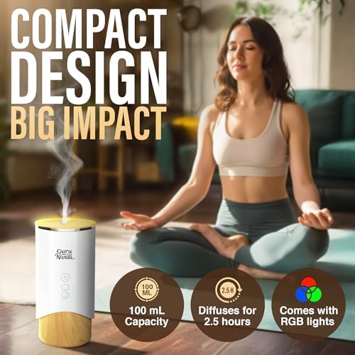 GuruNanda Calm Aura Essential Oil Diffuser, Sleek Modern Corded Electric Aromatherapy Diffuser with Turbo & Mist Modes, Auto Shut-Off Safety, Covers 250 Sq Ft, White, 100 ml - Image 2