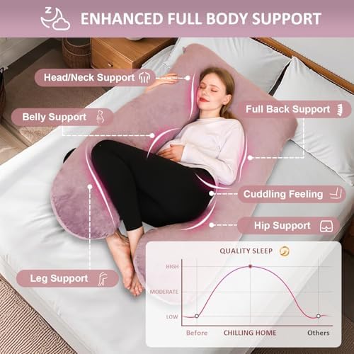 Chilling Home Pregnancy Pillow, U Shape Pregnancy Pillows for Sleeping, 55in Body Pillow for Sleeping, Body Pillows for Adults, Maternity Pillow, Velvet Removable Cover, Pink - Image 3