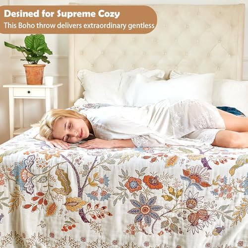 VANJOROY Boho Throw Blanket, 100% Organic Cotton Breathable Skin-Friendly Ultra Soft Bed Quilt Throw - All Season Floral Farmhouse Décor Luxury Blanket for Sofa Couch Chair and Gift. 60" x 80" - Image 6