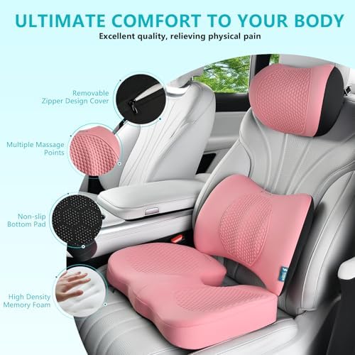 FLORICH 3 PCS Seat Cushion for Carseat Lumbar Support Pillow Car Neck Headrest Pillows Memory Foam Gel Memory Foam Massage Point Seat Pads Pressure Relief Back Cushion for Office Chair(Pink) - Image 2