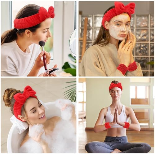 WHAVEL 6PCS Red Spa Headband and Wristbands Set, Valentine's Day Face Wash Headband Wrist Bands for Washing Face Makeup Skincare Hair Band Skin Care Accessories Tools - Image 6