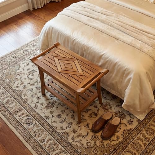 Teak Shower Bench Stool Seat, w/Leveling Feet, Waterproof, Teak Oil Finish - Image 7