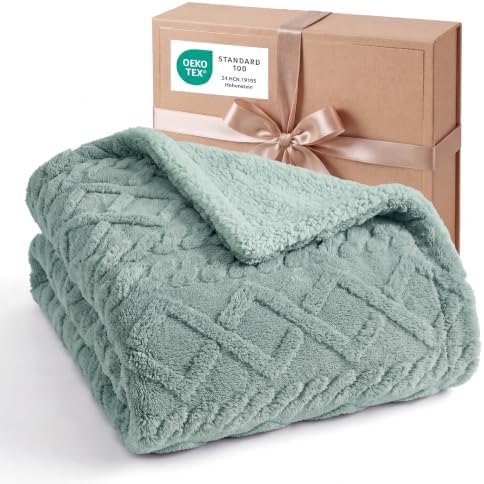 Bedsure Sherpa Fleece Blanket, Cable Jacquard Tufted, Warm, Sage Green by BEDSURE
