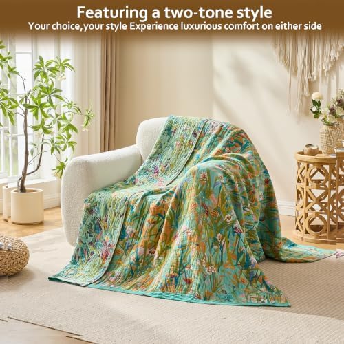 VANJOROY King Boho Throw Blanket, 100% Organic Cotton Breathable Skin-Friendly Ultra Soft 91" x 98" Bed Quilt Green Leaf Throw - Floral Rustic Luxury Reversible Blanket for Sofa Couch Chair and Gift - Image 3