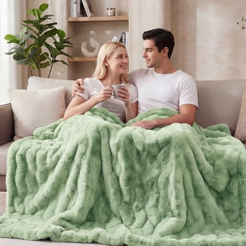ORINOVA Sage Green Throw Blanket for Couch, 50x60 Ultra Soft Faux Rabbit Fur, Fuzzy Fluffy Plush Bubble Texture, Cozy Warm Reversible Sofa and Bed Cover, Living Room Decor, Gifts for Women - Image 2