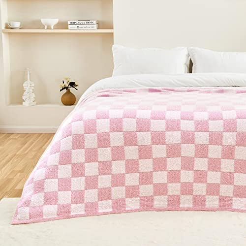 CozeCube Pink White Reversible Checkered Knit Throw Blanket 60"x80" - Image 4