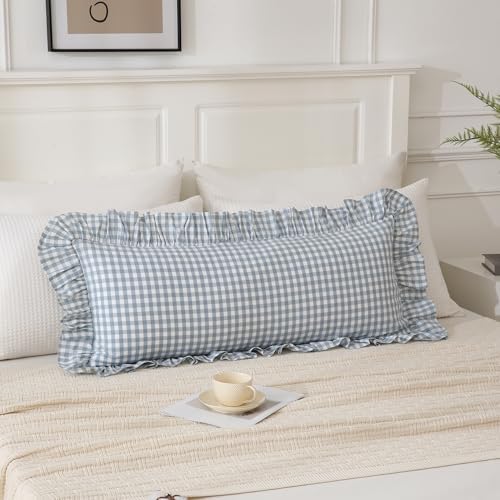Light Blue/White Ruffled Long Lumbar Gingham Pillow Sham 14x36 inches by Qilunn