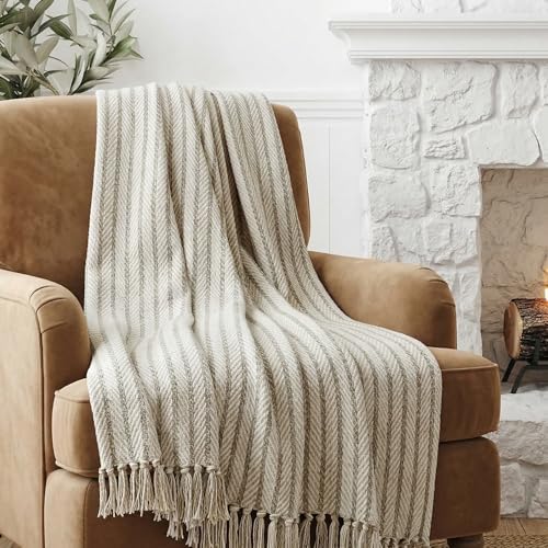 Americanflat 50x60 Throw Blanket - Soft and Breathable Cotton Throw Blanket for Couch, Bed, Chair - Decorative Blankets Perfect for Home, Office, or Outdoor Use - Cream and Beige Pinstripe Design - Image 2