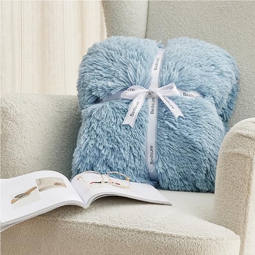 Bedsure Faux Fur Fluffy Sherpa Throw Blanket Couch Twin Blue 60"x80" - Image 6