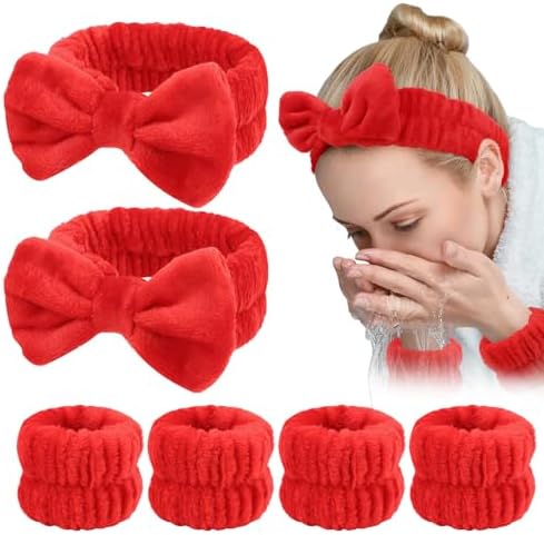 WHAVEL 6PCS Red Spa Headband and Wristbands Set, Valentine's Day Face Wash Headband Wrist Bands for Washing Face Makeup Skincare Hair Band Skin Care Accessories Tools by Whavel