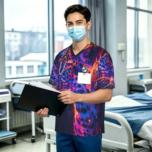 Men's Scrub Top,V-Neck Spill Wrinkle Resistant,3 Pockets-Leopard Neon (1) - Image 3