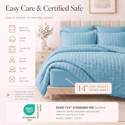 CozyLux King Size Comforter Set, 7 Pieces Sky Blue Seersucker Bed in a Bag - Image 5