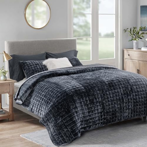 RECYCO Channel Box Stitch Velvet Quilt Set, Full Queen Size, Black by RECYCOHOMECOLLECTION