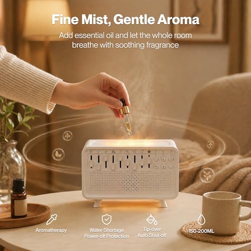 White Noise Machine with 8 Mixable Nature Sounds, Flame Light & Aroma Diffuser – Desktop Sound Machine for Sleep, Office, Yoga & Meditation, with Timer, Bluetooth & USB Power - Image 5