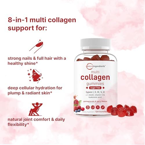 Micro Ingredients Multi Collagen Peptides, 120 Collagen Gummies | Type I,II,III,V,X Protein with Biotin, Hyaluronic Acid, & Vitamin C Complex | Pomegranate & Berry Flavored | Sugar Free, Non-GMO - Image 3
