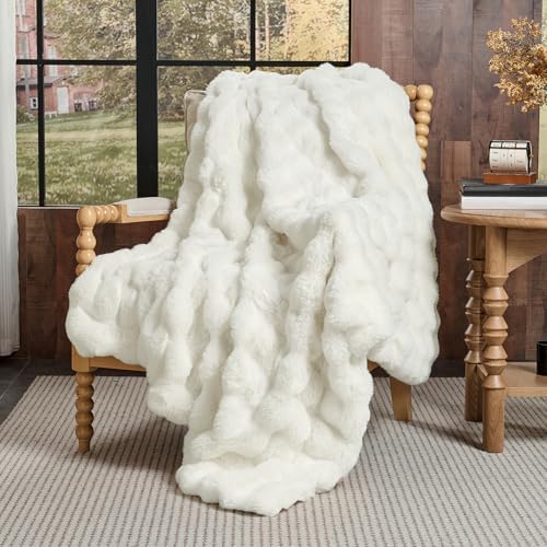 Lotus Karen King Size Faux Fur Blanket Cream White - Big Bubble Rabbit Fluff Throw for Bed Large Fluffy Fuzzy Cozy Thick Furry Plush Shaggy Blankets 108x90 Inches - Image 3