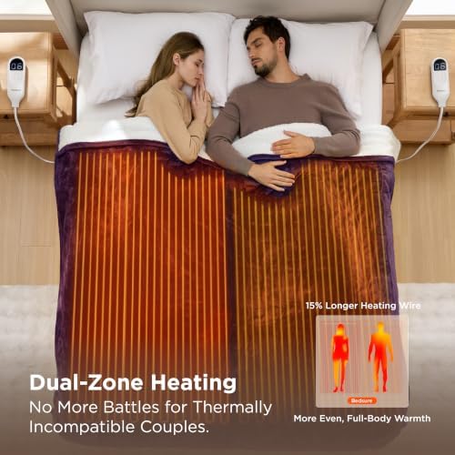 Bedsure Heated Blanket Queen Size, Dual Control Electric Blanket, Purple - Image 3