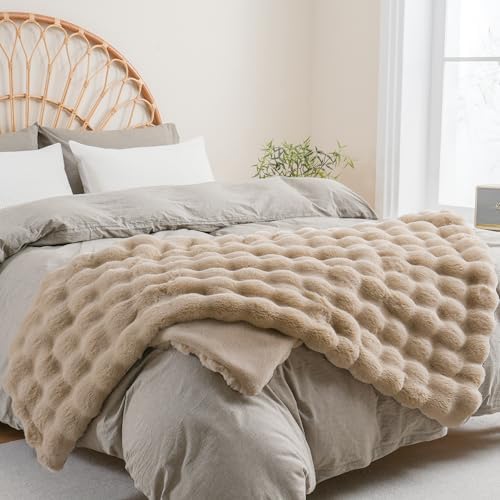 BENVWE Faux Fur Throw Blanket for Couch - Thickened Fluffy Soft Bubble Blanket for Living Room Home Decor - Fathers Day Birthday Gifts for Women Men, Beige, 50" x 60", 1300GSM - Image 4