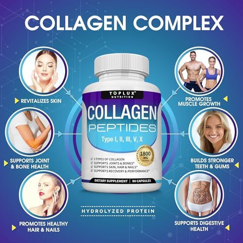 Toplux Multi Collagen Peptides Pills 1800 Mg Complex - Type I, II, III, V, X Premium Collagen Complex for Better Skin & Hair, Strong Joint, Hydrolyzed Protein, for Men Women, 90 Capsules, Supplement - Image 4
