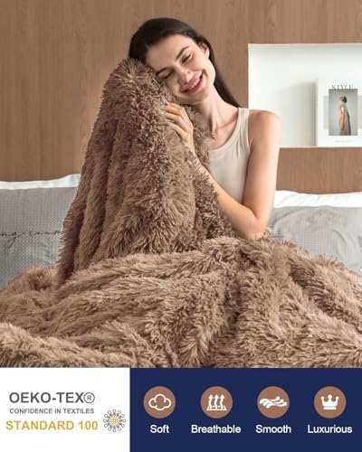 Pawque Faux Fur Sherpa Fleece Throw Blankets Twin Size 60x80 inches, Brown - Image 3