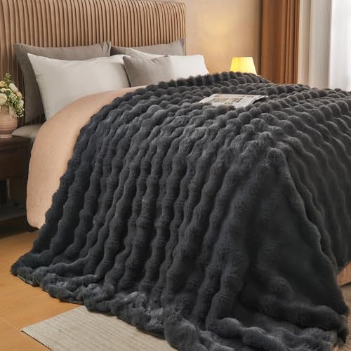 Lotus Karen Queen Size Faux Fur Blanket Dark Gray - Big Bubble Rabbit Fluff Throw for Bed Large Fluffy Fuzzy Cozy Thick Furry Plush Shaggy Blankets 90x90 Inches by LotusKaren