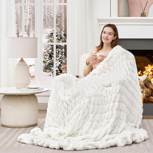 Touchat Ruched Rabbit Faux Fur Throw Blanket,Fluffy Soft Cozy,Cream White - Image 3