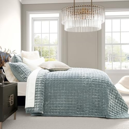 RECYCO Channel Box Stitch Velvet Quilt Set, Twin/Twin XL Size, Blue Linen - Image 5