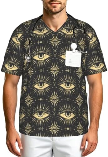 Men's Scrub Top,V-Neck Spill Wrinkle Resistant,3 Pockets-Mysterious Eye (3) by Unknown
