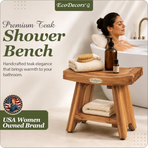 EcoDecors 18" Teak Shower Bench, 300 lb Capacity, Waterproof Seat & Shelf - Image 3