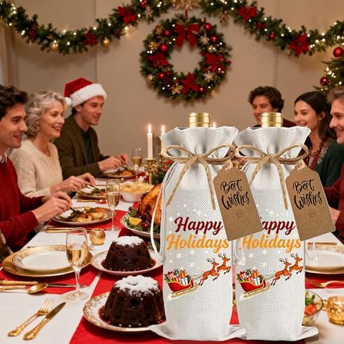 Julont 1Pcs Happy Holidays Wine Bags Christmas Gift Bag, Wine Bottle Bags Merry Xmas Bottle Covers for Merry Christmas,Holiday Party,Birthday,Storage with 1Pcs Kraft Blessing Cards and natural jute rope - Image 5
