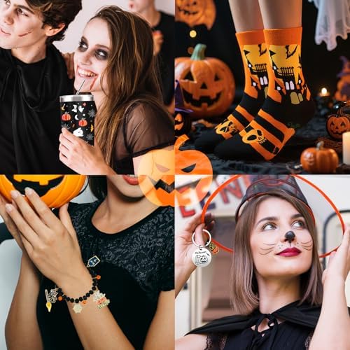Halloween Gifts for Girls Women Adults, 6 Pieces Halloween Pumpkin Spooky Basket Gift with 20 Oz Tumbler, Socks, Bracelet, Keychain, Greeting Cards, Cute Pumpkin Gift for Her, Sister, Friends, Girls - Image 6