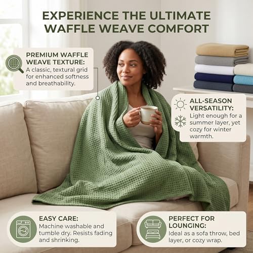 Tex Trend 100% Cotton Waffle Weave Blanket King Size - Soft, Breathable Cooling Blanket for Bed, Lightweight Cozy Summer & Spring Bedding, Sage Green, 90x108 - Image 5