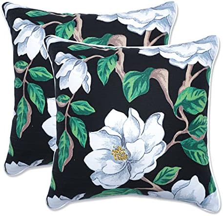 Pillow Perfect Floral Indoor/Outdoor Accent Throw Pillow, Plush Fill, Weather, and Fade Resistant, Throw - 16.5" x 16.5", Black/White Magnolia, 2 Count by PillowPerfect
