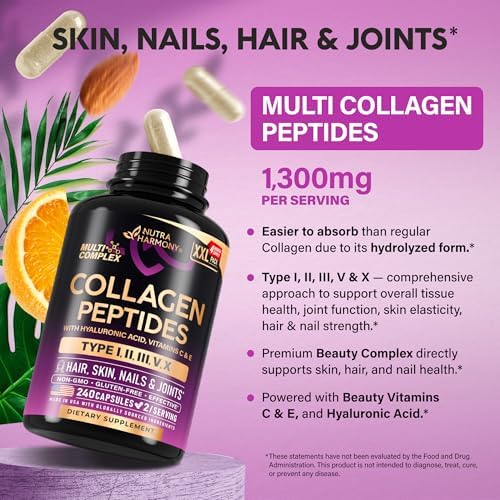 Multi Collagen Peptides 1300mg - Hydrolyzed Types I II III V & X - 240 Caps - Image 5