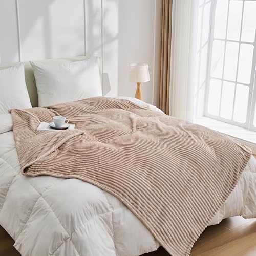 Bnuitland Fleece Throw Blanket, 300GSM Soft Warm Cozy Fluffy Throw for Babys & Pets, Stripe Pattern, All Season Sofa Bed Blanket for Home Decor, Light Camel 50"x70" - Image 5