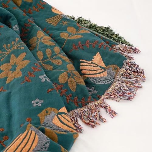 100% Muslin Cotton Throw Blanket for Couch Bed Adults Kids, Boho Floral Bird Retro Fringed Quilt Ultra Soft Reversible Gauze Blanket for All Season (Blue,60"x80") - Image 5
