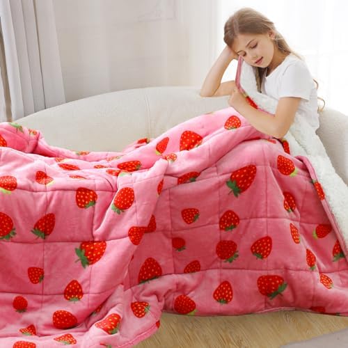 Aemicion Strawberry Pink Weighted Blanket for Girls Over 6 Years Old, Cozy Sherpa Fleece Heavy Bedding Throw 10lbs, 48"x72" Twin Size, Machine Washable ﻿ - Image 3