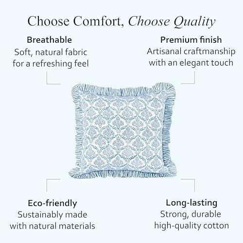 CPC Indigo Regal Hand Block Print 100% Cotton Ruffle Throw Pillow Cover 20x20 inch with Hidden Zipper Decorative for Couch, Bed, Sofa, Farmhouse, Cottagecore Decor Gift Christmas Fall Thanksgiving - Image 6