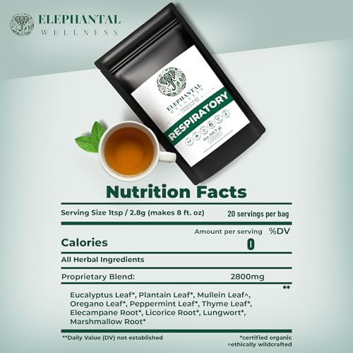 Elephantal Wellness Premium Respiratory Herbal Tea | Lung Detox, Mucus Cleanse & Breathing Support with Mullein, Eucalyptus, Thyme & Lungwort | Handmade, Caffeine-Free, Non-GMO Loose Leaf Blend, 2oz, 20 Servings - Image 2