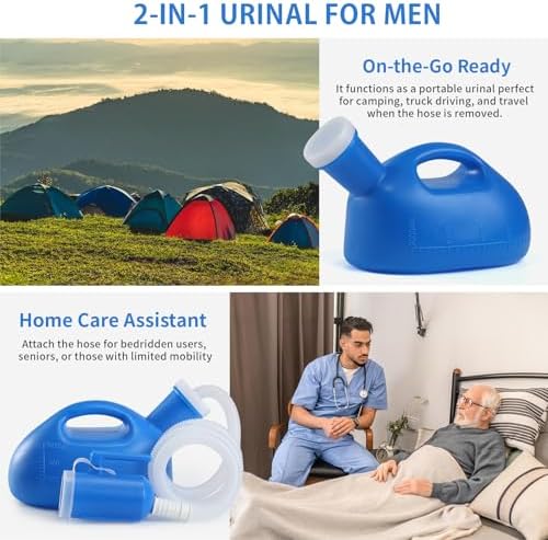 ONEDONE Urinals for Men - Portable Urinal for Men Spill Proof Nighttime Men's Urinal Bottle Male Pee Bottle Urine Bottle 68 OZ for Hospital Home Camping Car Travel 45" Long Hose with Lid (Blue) - Image 2