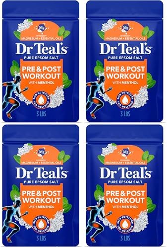 Dr Teal's Epsom Salt Magnesium Soak, Pre & Post Workout with Menthol & Essential Oils, 3 lbs (Pack of 4) by DrTeals