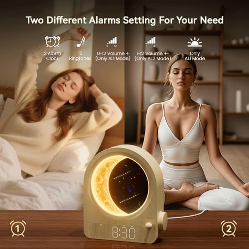 blonbar Sunrise Alarm Clocks for Bedrooms, Stepless Dimmable Moon Lamp Dual Alarm Clock with 12Levels Volume for Heavy Sleepers, 10 Natural Sounds with 30/60/90mins Timer, Gifts for Women - Image 5