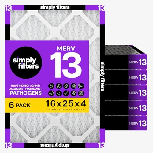 Simply 16x25x4 Air Filter MERV 13, MPR 1500, 6 Pack, For Home AC Furnace & HVAC (Actual Size: 15.75"x24.75"x3.75") DUST Pet & Allergy Control by SimplyFilters