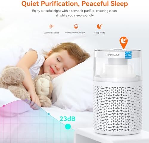 AIRROMI Air Purifiers for Bedroom Home,Up to 658 Ft²,Activated Carbon Filter Cleaner,With Fragrance Sponge for Better Sleep,Night Light,Pet Dander,Allergies,Smoke,Odor,Desktop Air Cleaner A2002 White - Image 6