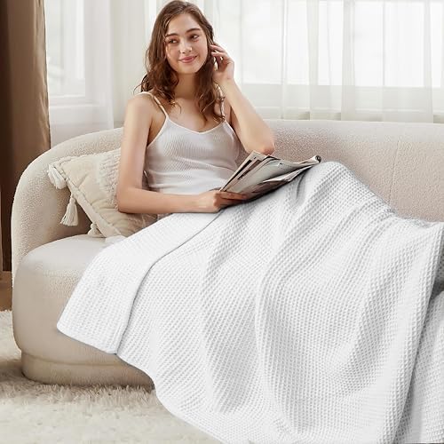 Tex Trend 100% Cotton Waffle Weave Blanket Queen Size - Soft, Breathable Cooling Blanket for Bed, Lightweight Cozy Summer & Spring Bedding, White, 90x90 - Image 5