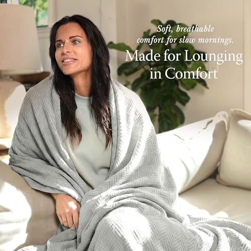 Threadmill Luxury 100% Cotton King Herringbone Blanket, Light Grey - Image 3