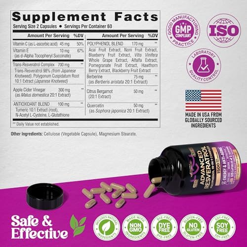 Resveratrol + Berberine, Quercetin, ACV, Acai & Noni Supplement - 120 Caps - Image 7