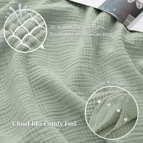 David's Home 100% Cotton Muslin Throw Blanket for College Dorm, 4-Layer Soft Breathable Lightweight Cozy Throw Guaze for Hot Sleepers, 3D Bubble Room Decor for Bed, Giftable, Sage Creen, 50"x70" - Image 3